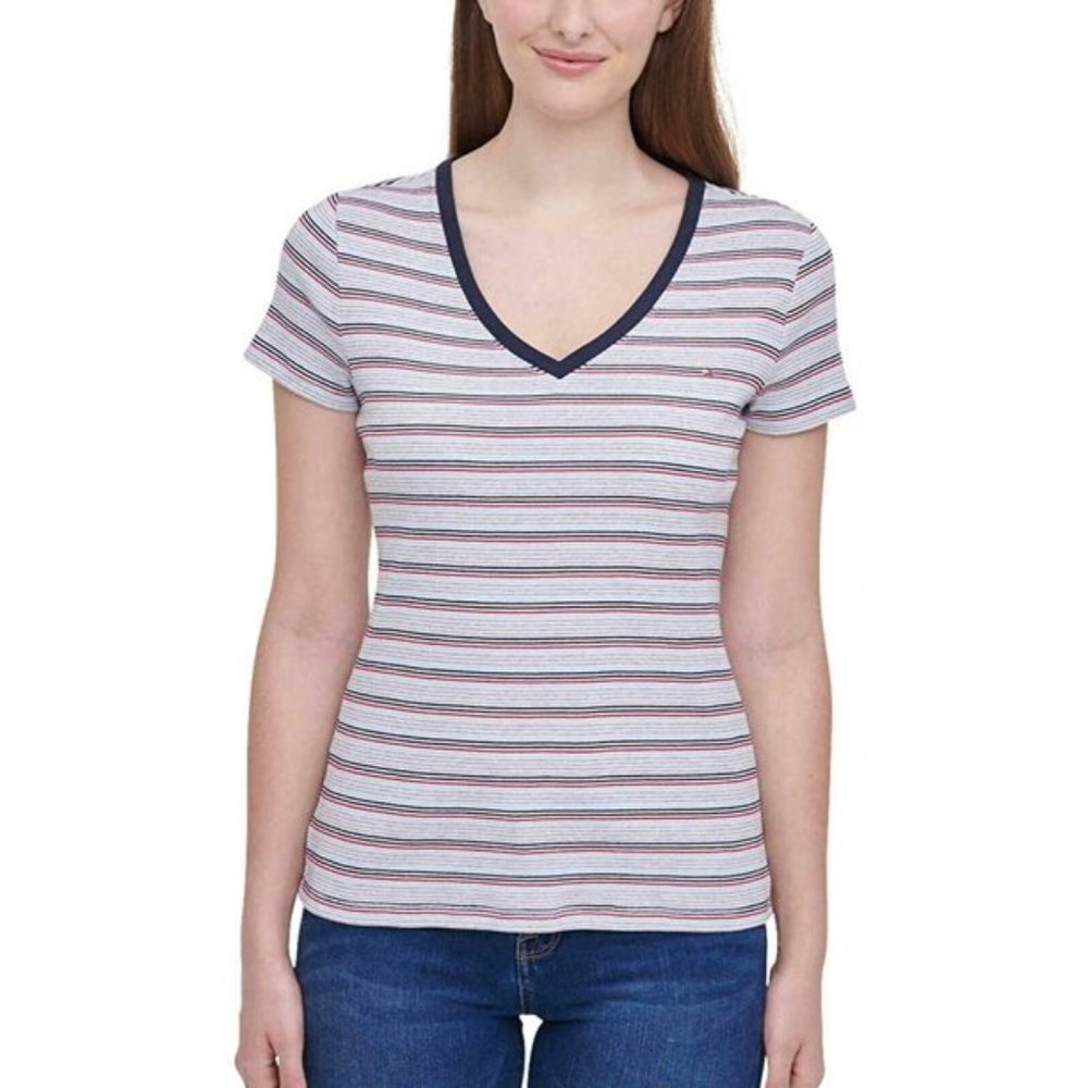 Tommy Hilfiger Red, Blue, Gray, and White Short Sleeve V-Neck T-Shirt sz M
